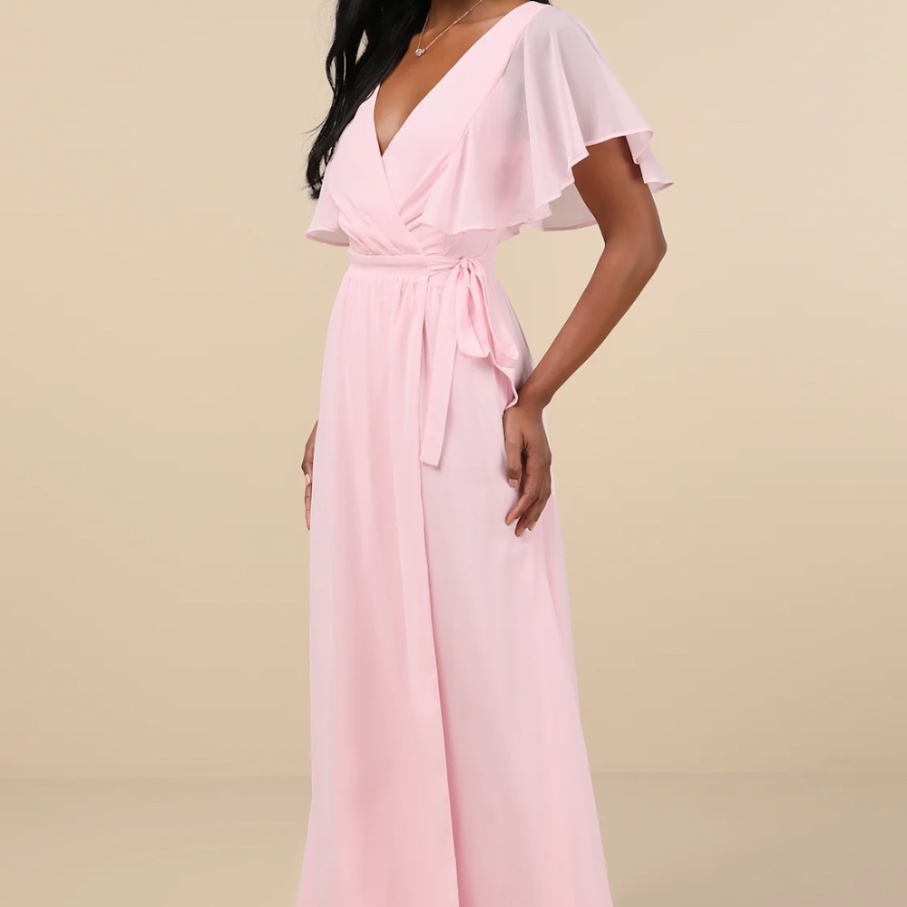 Lulus Convincing Grace Flutter Sleeve Wrap Maxi Pink Dress Small